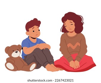 Dejected And Sorrowful Children Sitting On Floor Conveying Sense Of Emotional Distress And Unhappiness. Sad Boy and Girl Characters Isolated on White Background. Cartoon People Vector Illustration