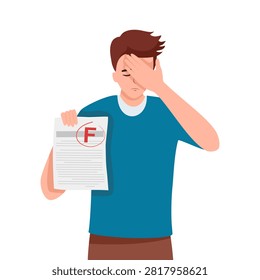 Dejected Student Boy Character Reveals His F Test Result, Disappointment