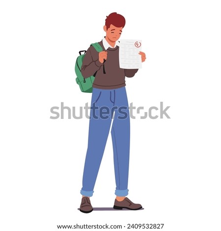 Dejected Student Boy Character Reveals His F Test Result With A Frowning Expression, Portraying Disappointment And Academic Struggle In A School Setting. Cartoon People Vector Illustration