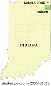 Ubicación del condado de DeKalb y la ciudad de Auburn en el mapa estatal de Indiana