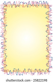 dekorative yellow background with curved and jagged colored lines around and many little balls