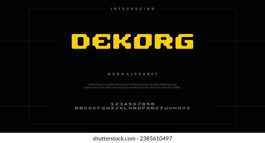 Dekorg Pixelate digital alphabet font. Minimal technology typography, Creative urban sport fashion futuristic vector illustration.