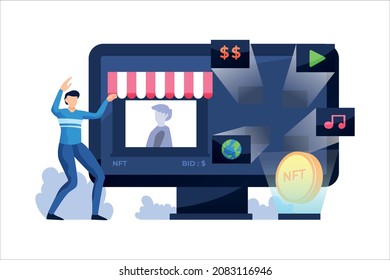 Dekstop with art shop of technology NFT non-fungible tokens for cryptocurrency with man vector illustration background.