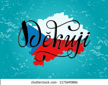 Dekuji lettering, translate from Czech: thank you. Phrase for postcard, greeting card or banner. Hand draw vector lettering design. 