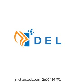 Projeto do logotipo da contabilidade de reparo do crédito da DEL no fundo branco. Iniciais criativas da DEL Crescimento gráfico letra logotipo conceito. Design do logotipo de finanças empresariais da DELL.
