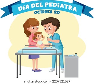 Día del Pediatra text with cartoon character illustration