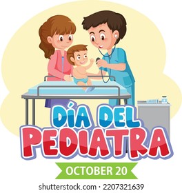 Día del Pediatra text with cartoon character illustration