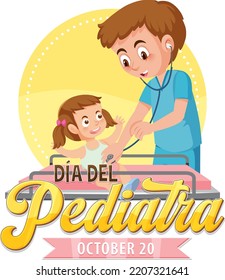 Día del Pediatra text with cartoon character illustration