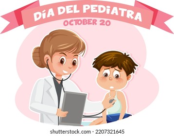 Día del Pediatra text with cartoon character illustration