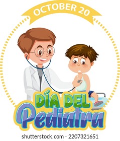 Día del Pediatra text with cartoon character illustration