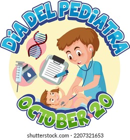 Día del Pediatra text with cartoon character illustration