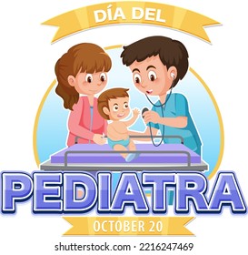 Día del Pediatra text with cartoon character illustration