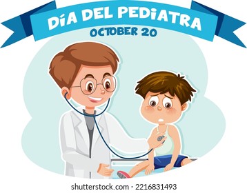 Día del Pediatra text with cartoon character illustration