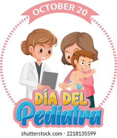 Día del Pediatra text with cartoon character illustration