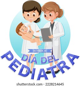 Día del Pediatra text with cartoon character illustration