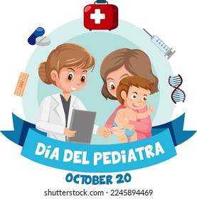 Día del Pediatra text with cartoon character illustration