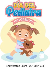 Día del Pediatra text with cartoon character illustration