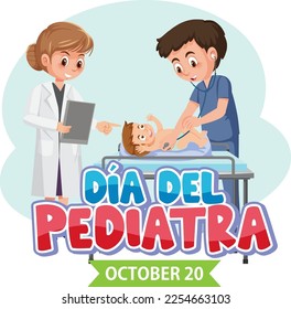 Día del Pediatra text with cartoon character illustration