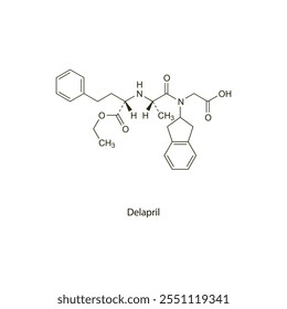 Delapril flat skeletal molecular structure ACE inhibitor drug used in hypertension treatment. Vector illustration scientific diagram.