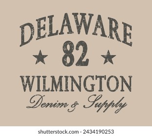 Delaware 82 Wilmington Denim Suministro tipografía retro universitario varsity eslogan de impresión con efecto grunge para camiseta gráfica o sudadera -