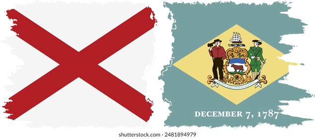 Delaware and Alabama states grunge brush flags connection, vector