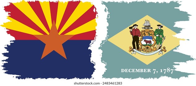 Delaware and Arizona states grunge brush flags connection, vector