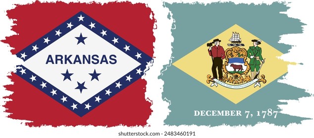 Delaware and Arkansas states grunge brush flags connection, vector