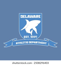 delaware athletic department varsity college shark detailed print with united states of america state slogan and grunge effect for graphic tee t shirt or sweatshirt hoodie - Vector