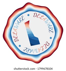 Delaware badge. Map of the US state with beautiful geometric waves and vibrant red blue frame. Vivid round Delaware logo. Vector illustration.