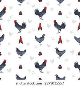 Delaware Blue Hen Chicken breeds seamless pattern. Poultry and farm animals. Different colors set.  Vector illustration