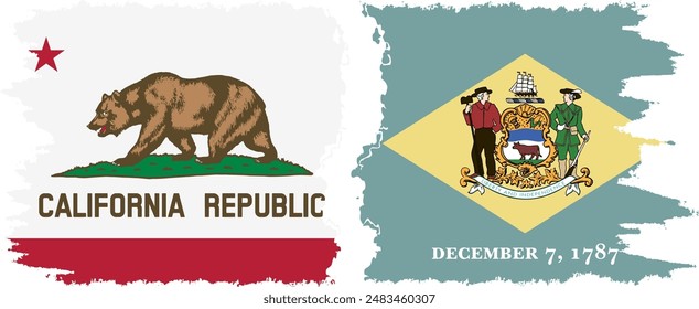 Delaware and California states grunge brush flags connection, vector