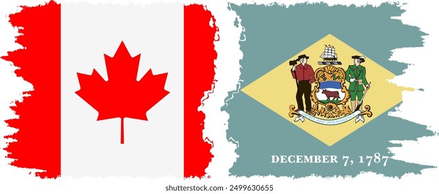 Delaware and Canada grunge brush flags connection, vector