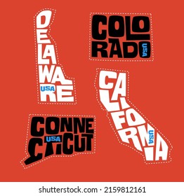 Delaware, Colorado, Connecticut, California state names distorted into state outlines. Pop art style vector illustration for stickers, t-shirts, posters and social media.