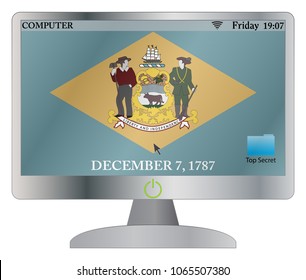 A Delaware computer screen with an on button isolated on a white background