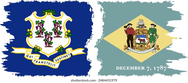 Delaware and Connecticut states grunge brush flags connection, vector