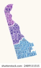 Delaware counties word cloud. State logo design. Counties typography style vector image. Delaware colored text cloud. Modern vector illustration.