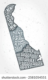 Delaware counties word clouds. State shape on textured background. Delaware design in typographic style. Creative vector illustration.