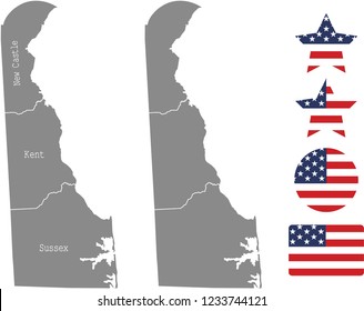 Delaware county map vector outline in gray background. Delaware state of USA map with counties names labeled and United States flag vector illustration designs