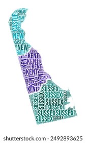 Delaware county word cloud. State shape design. Delaware colored illustration. County names collage cloud. Vector illustration.