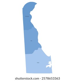 Delaware, DE - detailed political map of US state. Administrative map divided into counties. Blue map with county name labels. Vector illustration