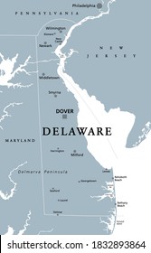 Delaware, DE, graue politische Karte. Bundesstaat in der mittelatlantischen Region der Vereinigten Staaten von Amerika. Kapital wird entsorgt. Der erste Staat. Das kleine Wunder. Blue Hen State. Der Diamantenstaat. Illustration. Vektorgrafik.