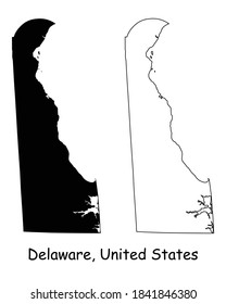 Delaware DE state Maps USA. Black silhouette and outline isolated on a white background. EPS Vector