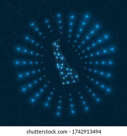 Delaware digital map. Glowing rays radiating from the us state. Network connections and telecommunication design. Vector illustration.