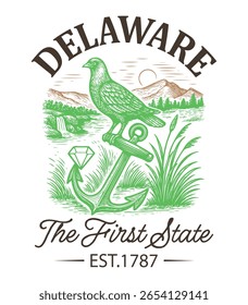 Delaware The First State - Estados Unidos Cityscape T-shirt Vetor, Ícones americanos de referência, Vintage Estados Cityscape Camisa, Retro Travel City Art, Estados Citações de referência, Estado de férias ilustração
