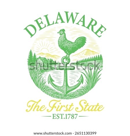 Delaware The First State - US State Vintage T-shirt Vector, USA States Cityscape Landmark Icons, American State Typography Shirt, USA Skyline Clipart, Retro travel city illustration
