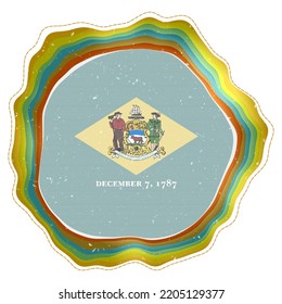 Delaware flag in frame. Badge of the US state. Layered circular sign around Delaware flag. Appealing vector illustration.