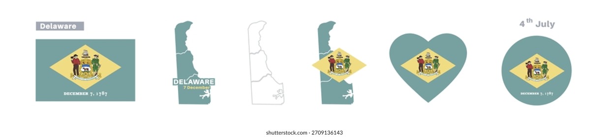Delaware Flag und Kartensatz. Amerikanische Staatsflaggen in offiziellen Farben und Proportionen. 7. Dezember Feiern, Karten, Kreise und Herzen von Delaware.