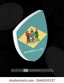 Ícone de escudo da bandeira de Delaware em 3D no fundo de Rugby abstrato escuro moderno. Perfeito para eventos esportivos, temas históricos, celebrações nacionais e projetos patrióticos.
