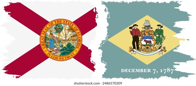 Delaware and Florida states grunge brush flags connection, vector