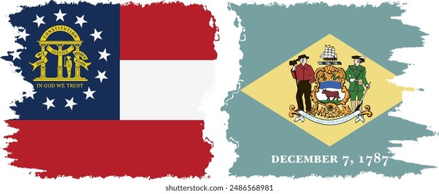 Delaware and Georgia states grunge brush flags connection, vector